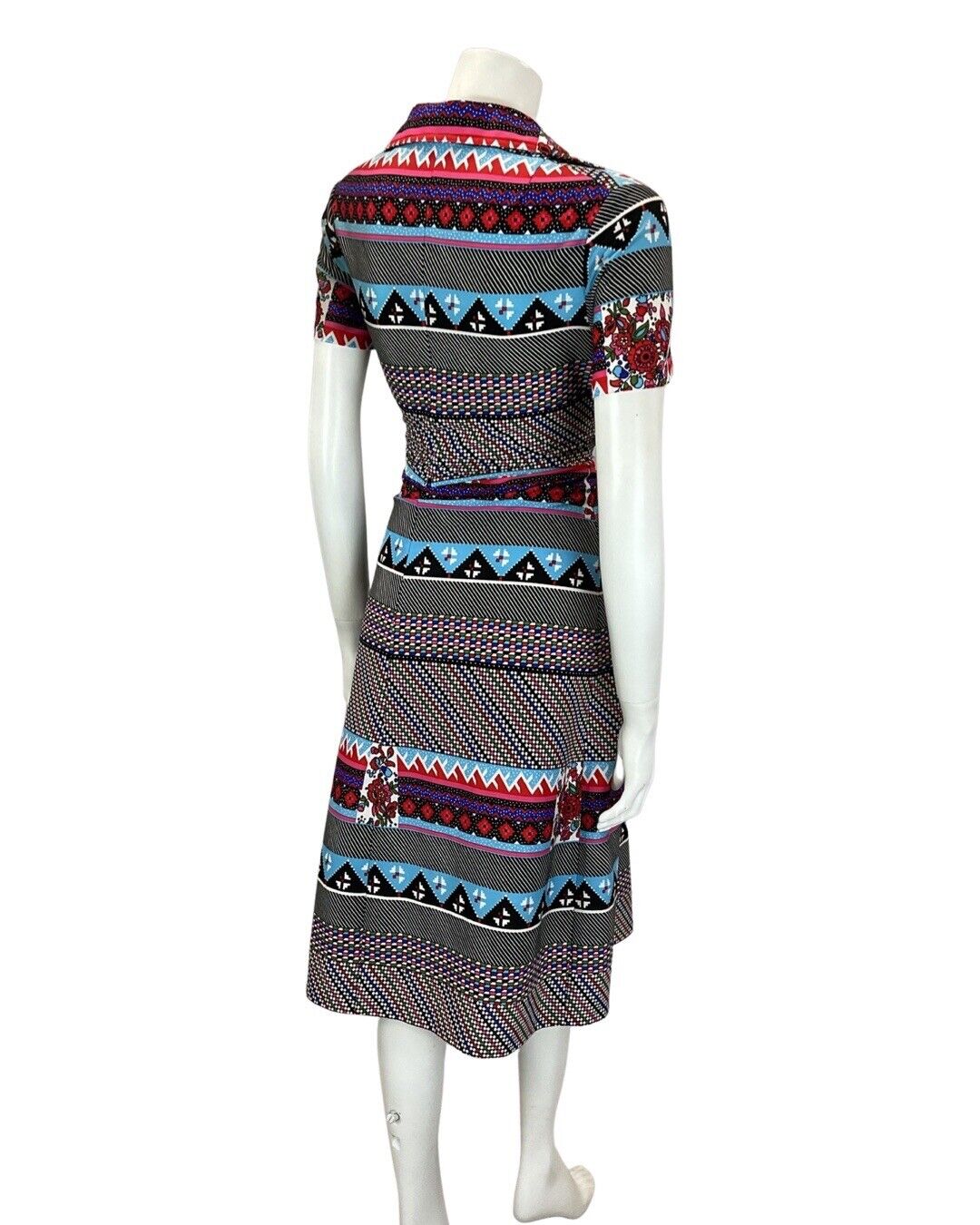 VINTAGE 60s 70s BLACK RED BLUE POLKA-DOT GEOMETRIC MOD DAGGER SHIRT DRESS 12 14