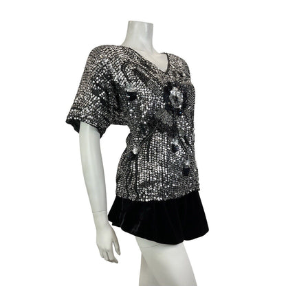 VINTAGE 70s 80s SILVER BLACK SEQUIN BEADED FLORAL DISCO GLAM PARTY TOP 14 16