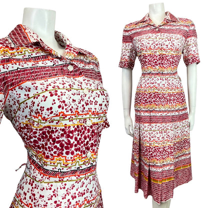 VINTAGE 60s 70s WHITE RED GOLD FLORAL PETAL STRIPED DAGGER SHIRT DRESS 14 16