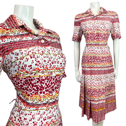 VINTAGE 60s 70s WHITE RED GOLD FLORAL PETAL STRIPED DAGGER SHIRT DRESS 14 16