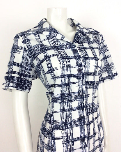 VINTAGE 60s 70s GEOMETRIC LINE PRINT TEA SHIRT DRESS WHITE BLUE 14 16
