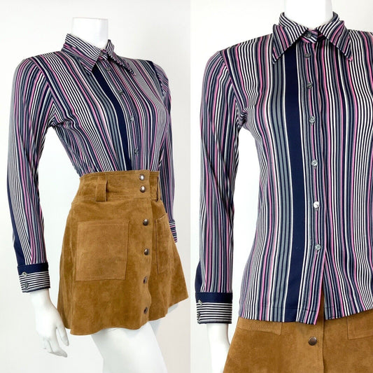 VINTAGE 60s 70s PURPLE BLACK BLUE WHITE STRIPED MOD DAGGER SHIRT BLOUSE 8 10