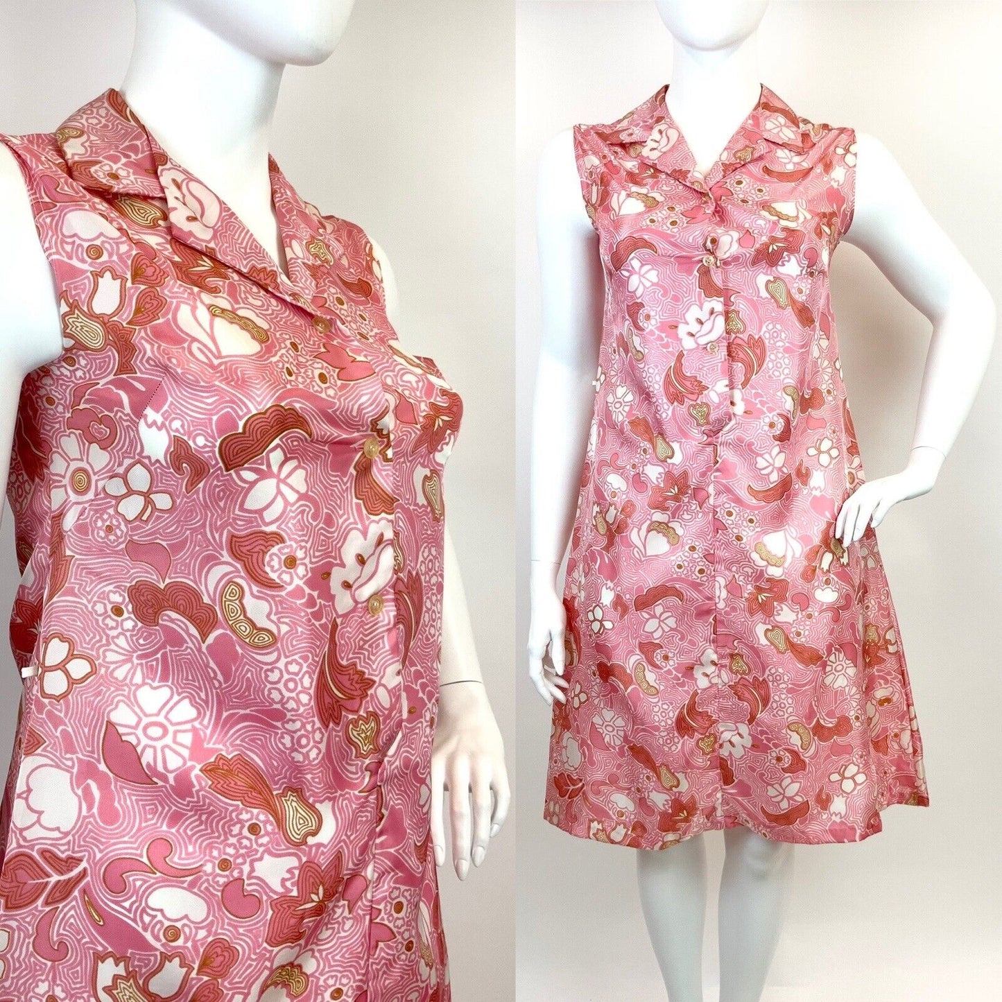 VINTAGE 60s 70s PINK WHITE GOLD PSYCHEDELIC SWIRL FLORAL MOD SHIRT DRESS 14 16