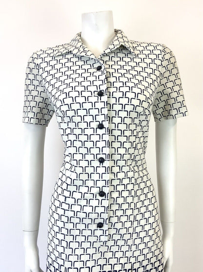 VINTAGE 60s 70s WHITE NAVY BLUE GEOMETRIC OP-ART FADE DAGGER SHIRT DRESS 12 14