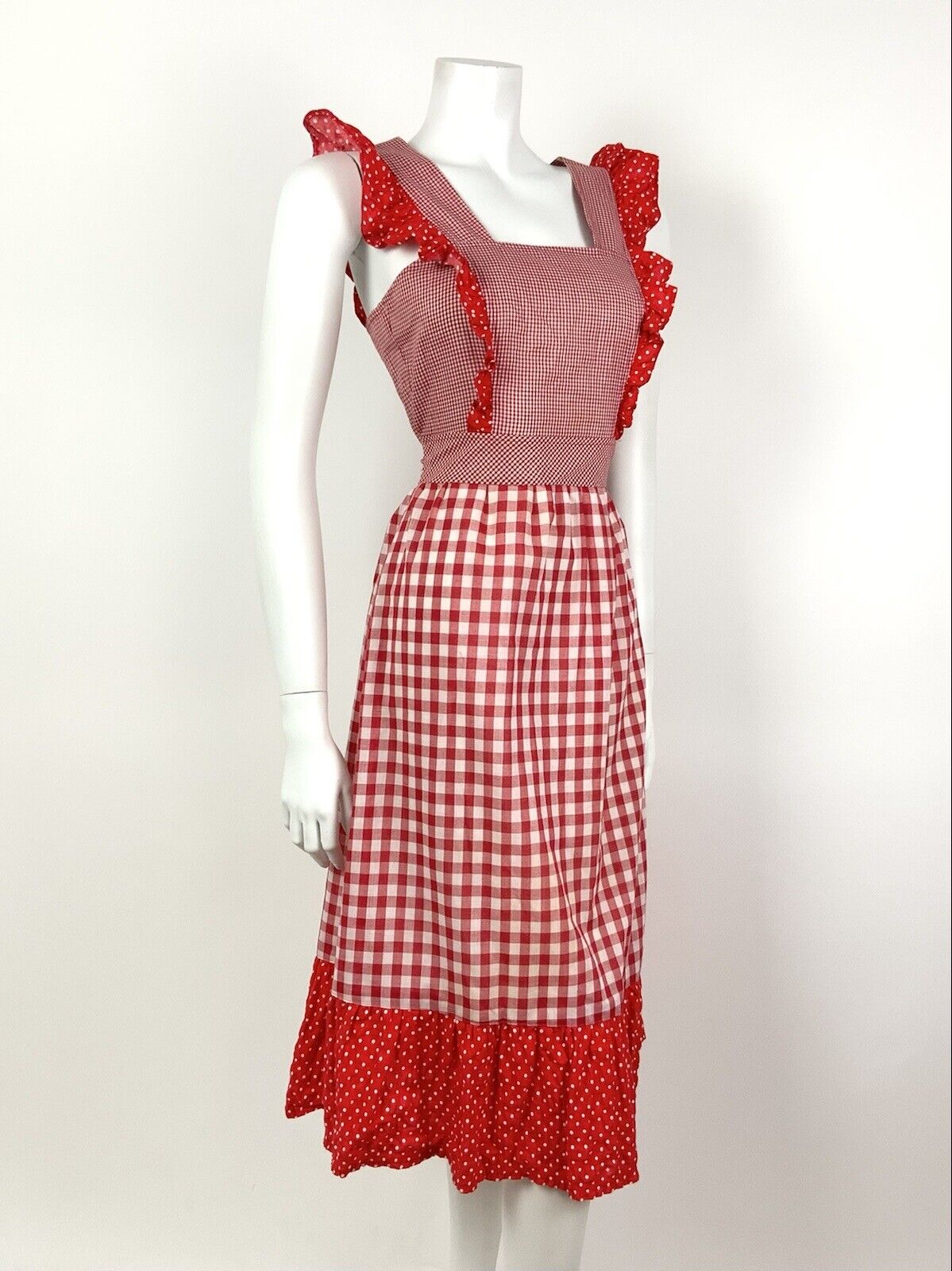 VTG 60s 70s RED WHITE GINGHAM POLKA DOT RUFFLED PRAIRIE APRON PINAFORE DRESS 8