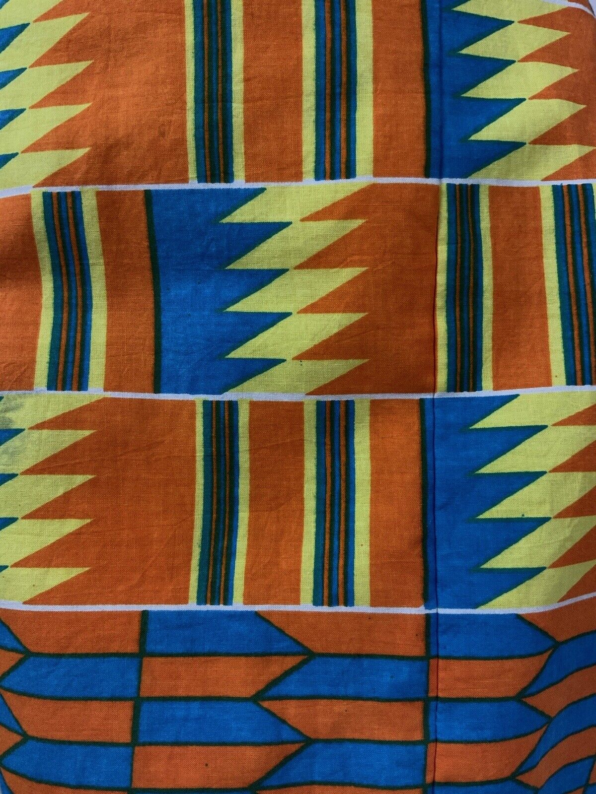 VINTAGE 60s 70s ORANGE YELLOW BLUE GEOMETRIC AZTEC SLEEVELESS SUMMER DRESS 10