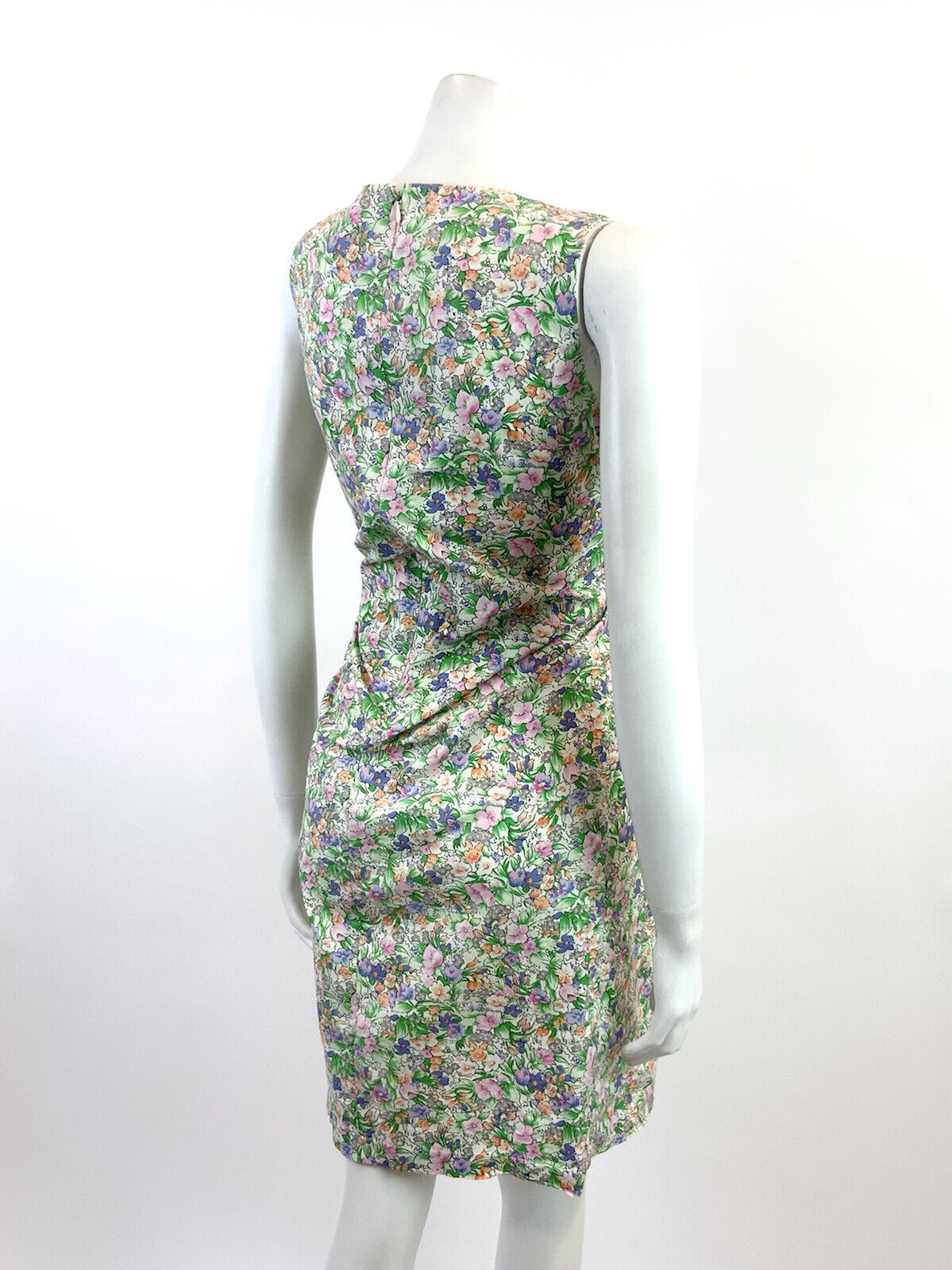 VTG 60s 70s GREEN PINK BLUE FLORAL GARDEN DITSY SLEEVELESS SUMMER DRESS 10 12