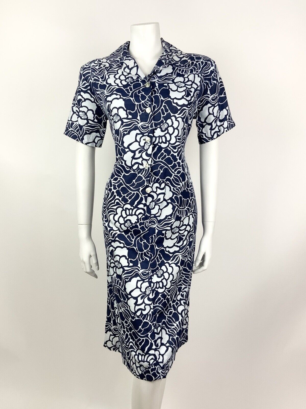VINTAGE 60s 70s NAVY BLUE WHITE FLORAL LEAFY PSYCHEDELIC SHIRT DRESS 14 16
