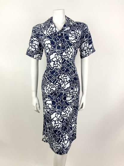 VINTAGE 60s 70s NAVY BLUE WHITE FLORAL LEAFY PSYCHEDELIC SHIRT DRESS 14 16