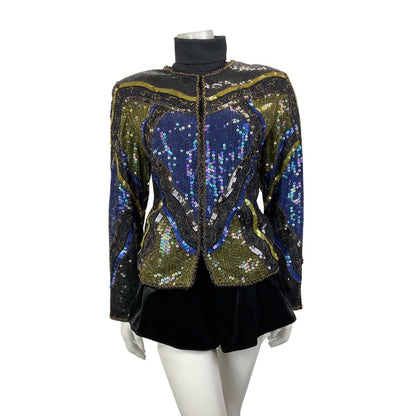 VINTAGE 70s 80s BLACK BLUE GOLD GEOMETRIC WAVY DISCO GLAM TROPHY JACKET 14 16