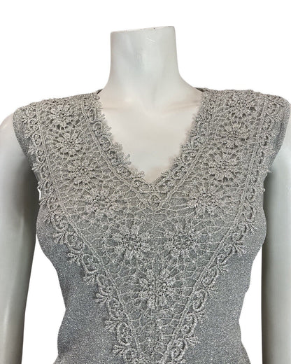 VINTAGE 60s 70s METALLIC SILVER FLORAL LACE PARTY SLEEVELESS KNIT TOP 12 14