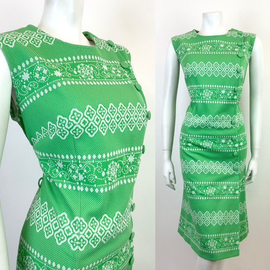VTG 60s 70s APPLE GREEN WHITE STRIPED GEOMETRIC FLORAL SLEEVELESS DRESS 14 16