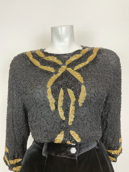 VINTAGE 70s 80s BLACK GOLD SEQUIN BEADED GLAM DISCO PARTY BLOUSE TOP 16 18