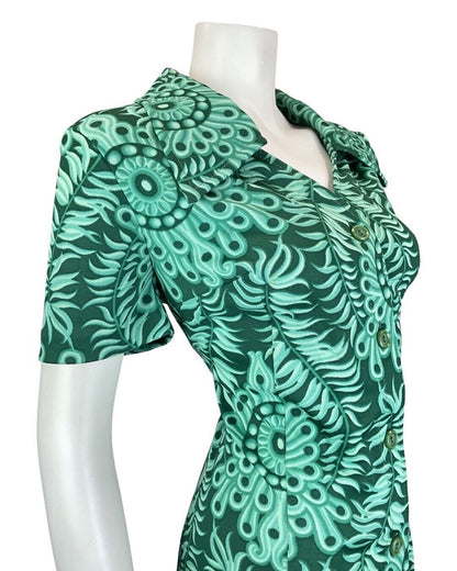 VINTAGE 60s 70s EMERALD GREEN PSYCHEDELIC MANDALA FLORAL DAGGER SHIRT DRESS 16