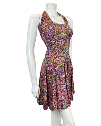 VINTAGE 60s 70s BLUE PINK GREEN DITSY FLOWER HALTER SUMMER SWING DRESS 8 10
