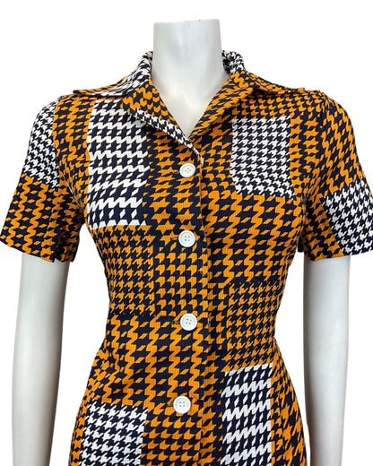 VINTAGE 60s STYLE 90s ORANGE BLUE WHITE GEOMETRIC DOGTOOTH DAGGER SHIRT DRESS 12