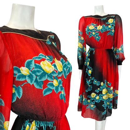 VINTAGE 60s 70s RED BLACK FLORAL SHEER BOHO BLOUSON SWING DRESS 8 10