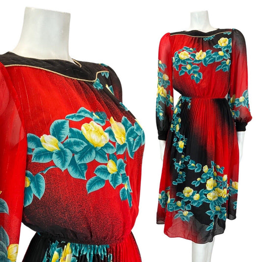 VINTAGE 60s 70s RED BLACK FLORAL SHEER BOHO BLOUSON SWING DRESS 8 10