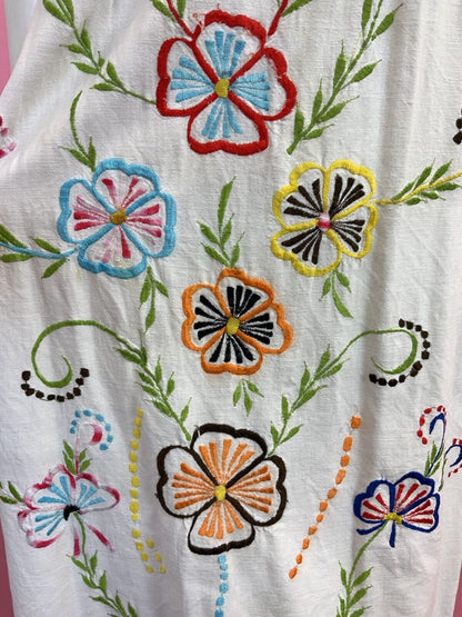 VINTAGE 60s 70s WHITE RED BLUE YELLOW FLORAL EMBROIDERED BOHO YOKE DRESS 8 10