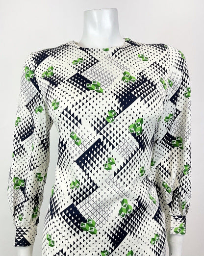 VINTAGE 60s 70s WHITE BLUE GREEN GEOMETRIC OP-ART MOD A-LINE SHORT DRESS 10 12
