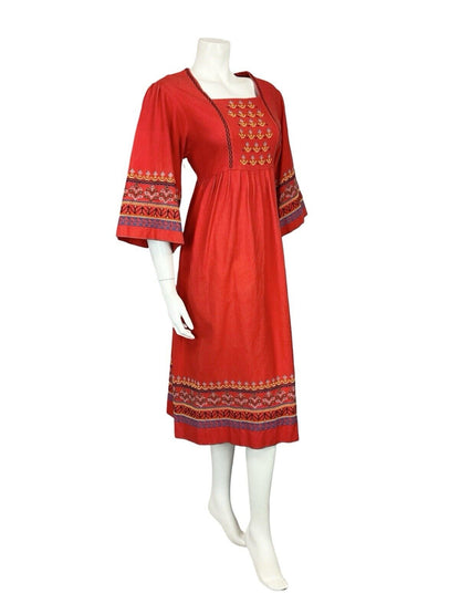 VTG 60S 70S RED BLACK YELLOW HIPPY BOHO CROSS STITCH EMBROIDERED SMOCK DRESS 10