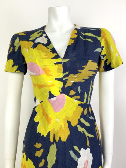 VINTAGE 60s 70s NAVY BLUE YELLOW PINK FLORAL V-NECK SWING SUMMER DRESS 8 10