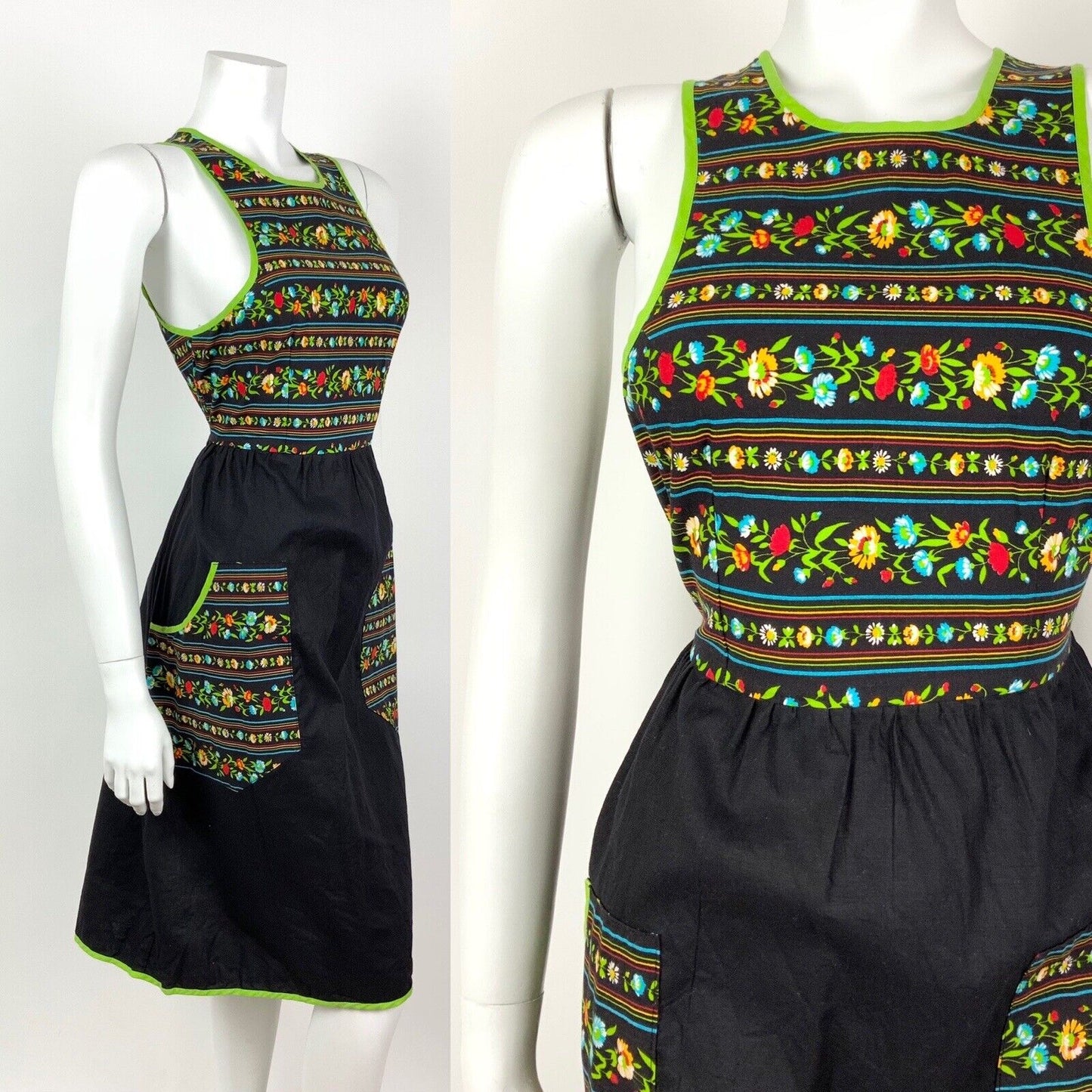 VINTAGE 60s 70s BLACK GREEN RED FLORAL GYPSY STRIPED SLEEVELESS DRESS 8