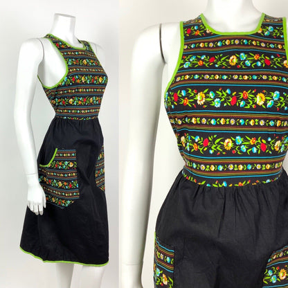 VINTAGE 60s 70s BLACK GREEN RED FLORAL GYPSY STRIPED SLEEVELESS DRESS 8