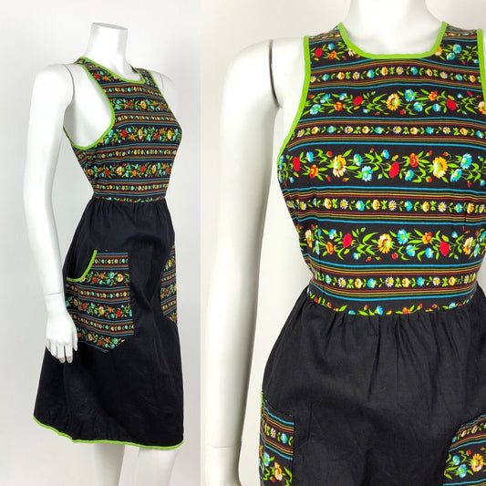 VINTAGE 60s 70s BLACK GREEN RED FLORAL GYPSY STRIPED SLEEVELESS DRESS 8