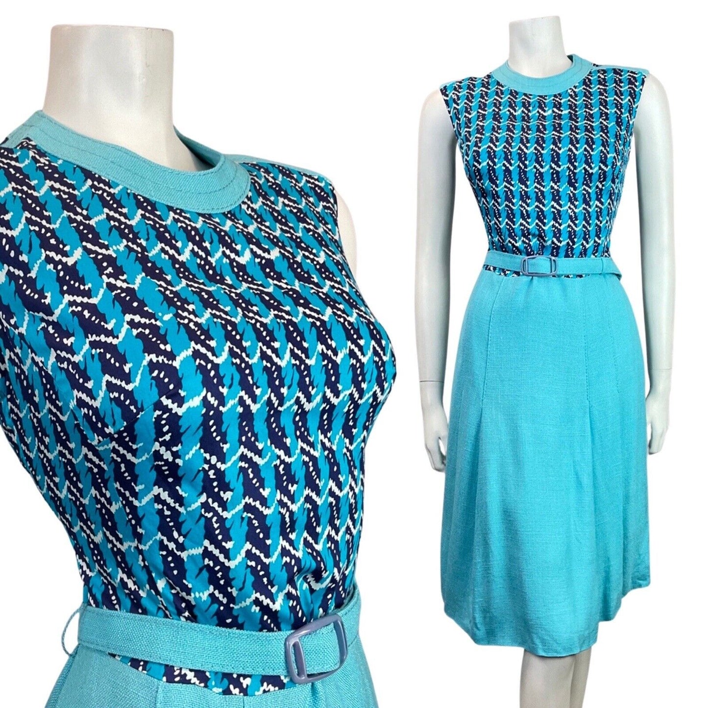 VINTAGE 60s 70s BLUE NAVY WHITE STRIPED ZIG-ZAG MOD BELTED DRESS 10 12
