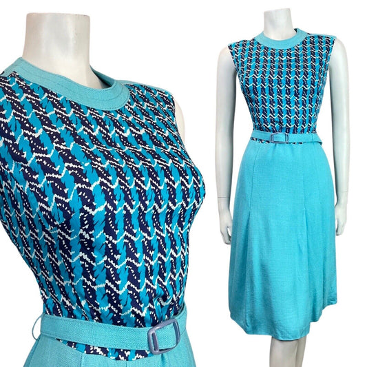 VINTAGE 60s 70s BLUE NAVY WHITE STRIPED ZIG-ZAG MOD BELTED DRESS 10 12