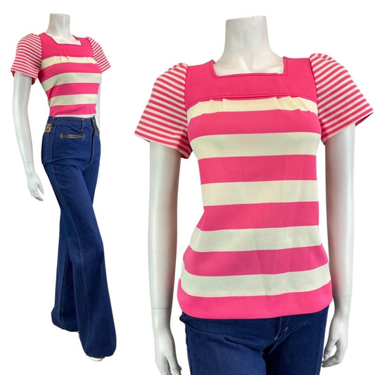 VINTAGE 60s 70s PINK CREAM STRIPED MOD PEGGY LANE SHORT SLEEVE BLOUSE TOP 8