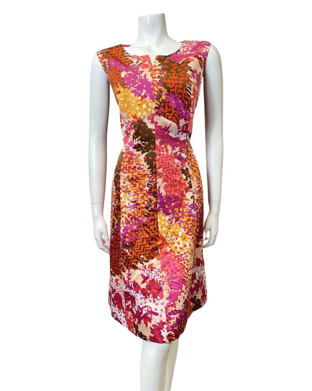 VTG 60s 70s PINK PURPLE YELLOW PSYCHEDELIC FLORAL GEOMETRIC SLEEVELESS DRESS 14