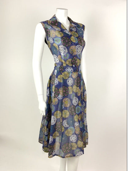 VINTAGE 60s 70s BLUE BLUE PINK GREEN DOTTY FLORAL MANDALA SHEER SUMMER DRESS 12