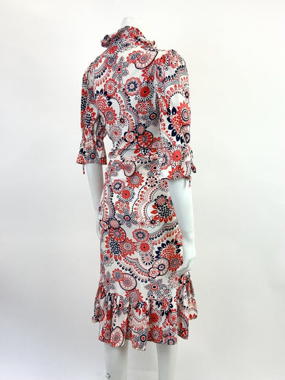 VINTAGE 60s 70s WHITE RED BLUE FLORAL MANDALA PSYCHEDELIC MOD RUFFLE DRESS 12 14