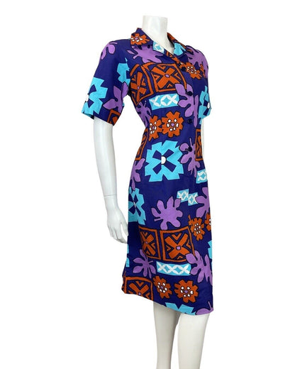 VINTAGE 60s 70s PURPLE BLUE ORANGE HAWAIIAN FLORAL SHIRT DRESS 14 16