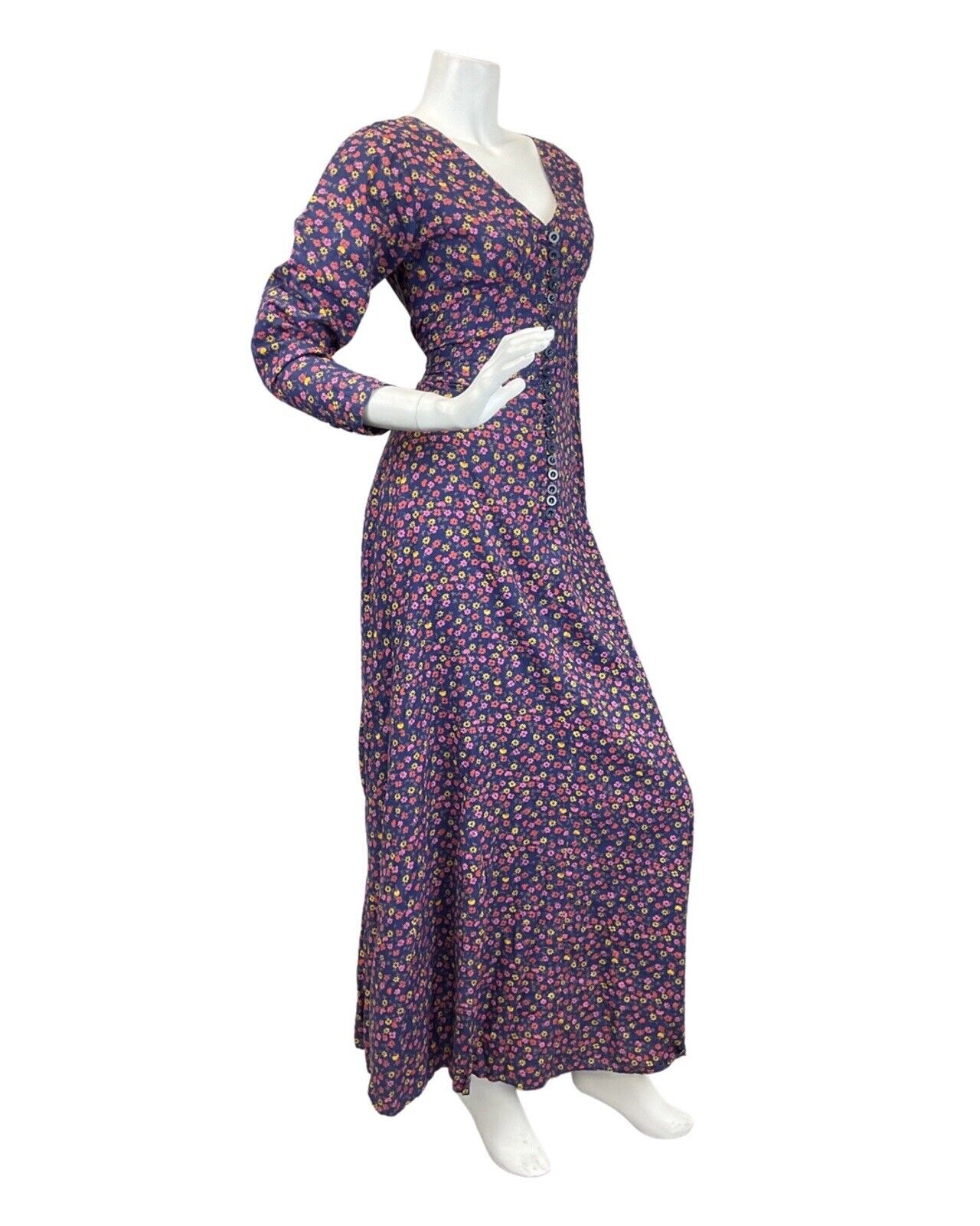 VINTAGE 60s 70s BLUE PINK YELLOW DITSY FLORAL PRAIRIE BOHO MAXI DRESS 10 12