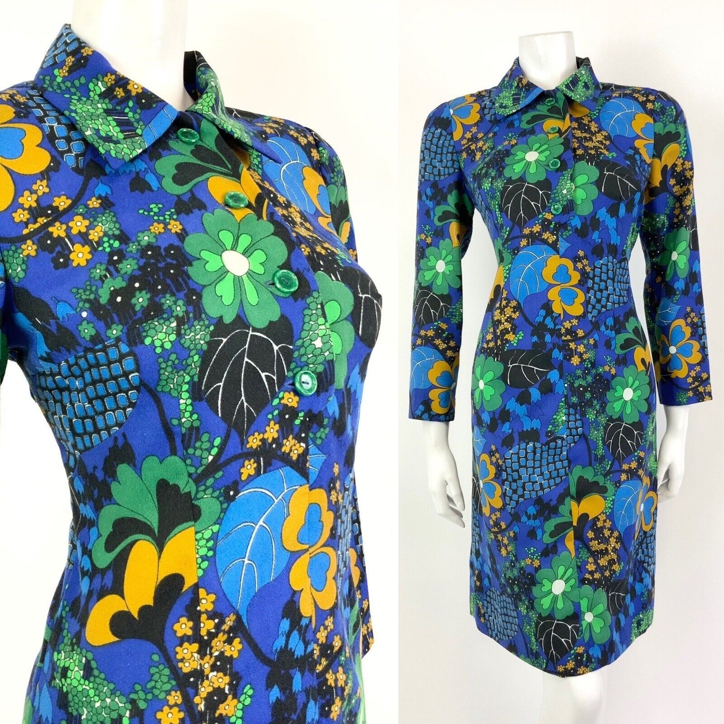 VTG 60s 70s BLUE YELLOW BLACK GREEN FLORAL LEAFY PSYCHEDELIC SHIRT DRESS 10 12