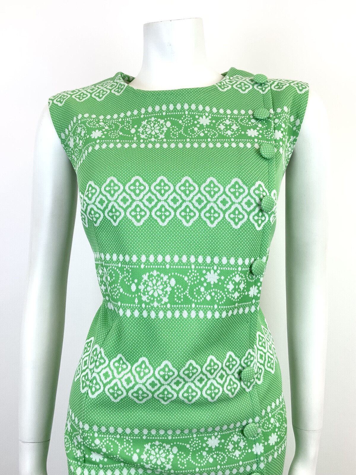 VTG 60s 70s APPLE GREEN WHITE STRIPED GEOMETRIC FLORAL SLEEVELESS DRESS 14 16
