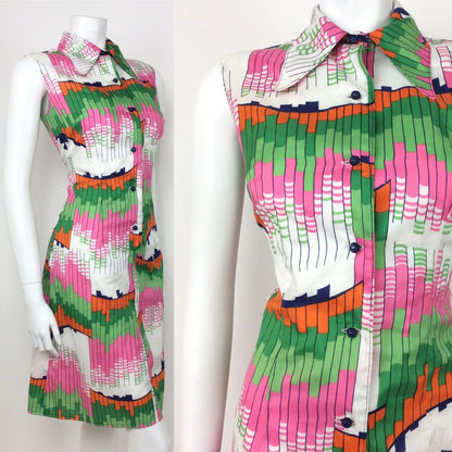VTG 60s 70s GEOMETRIC ABSTRACT WHITE GREEN PINK ORANGE BLUE SHIRT DRESS 10 12