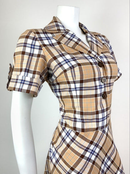 VINTAGE 60s 70s BROWN CREAM WHITE TARTAN PLAID CHECKED MOD SHIRT DRESS 10 12