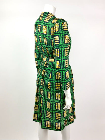 VTG 60s 70s GREEN BLUE YELLOW GEOMETRIC SQUARE PETER PAN COLLAR SHIRT DRESS 8 10