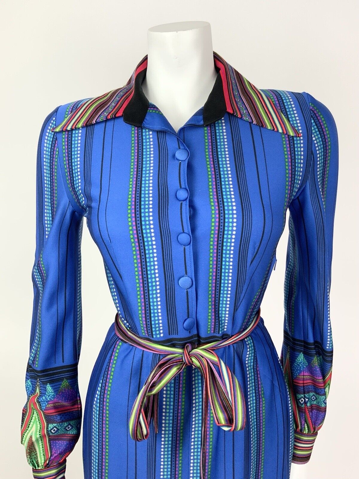 VTG 60s 70s BLUE GREEN PINK DOTTY STRIPED AZTEC BELTED DAGGER SHIRT DRESS 8 10