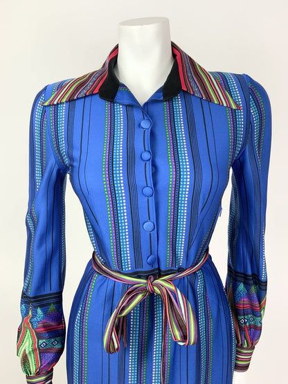 VTG 60s 70s BLUE GREEN PINK DOTTY STRIPED AZTEC BELTED DAGGER SHIRT DRESS 8 10