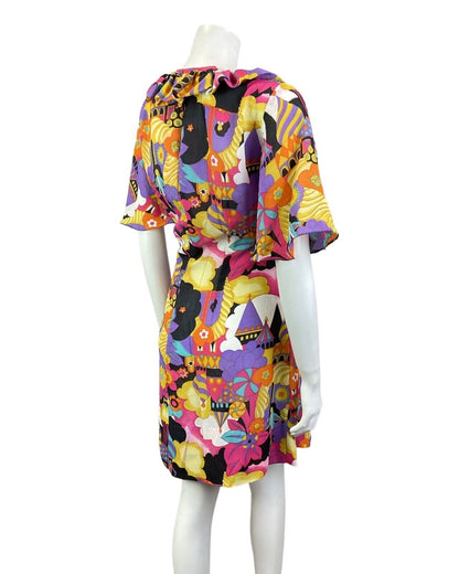 VINTAGE 60s 70s 90s PURPLE YELLOW BLACK PSYCHEDELIC CASTLE FANTASY MOD DRESS 14
