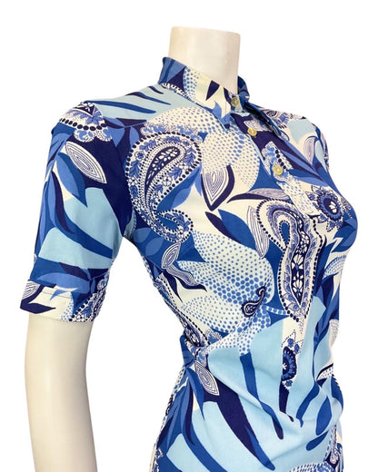 VINTAGE 60s 70s BLUE NAVY WHITE PSYCHEDELIC FLORAL PAISLEY MOD SHIRT DRESS 10 12