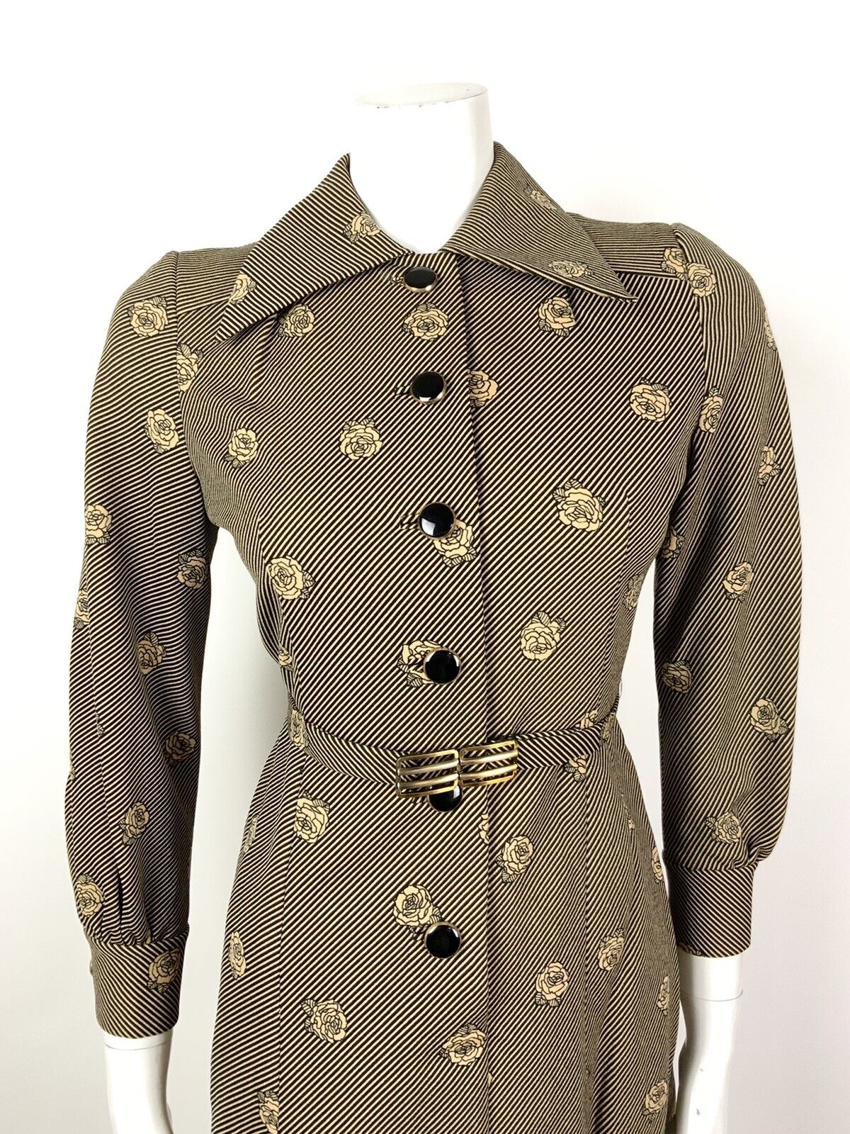 VINTAGE 60s 70s GOLD BLACK STRIPED ROSE FLORAL DAGGER SHIRT DRESS 10 12