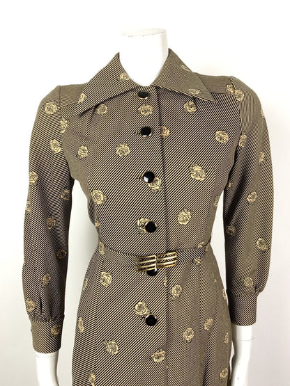 VINTAGE 60s 70s GOLD BLACK STRIPED ROSE FLORAL DAGGER SHIRT DRESS 10 12