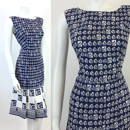 VINTAGE 60s 70s NAVY BLUE WHITE GEOMETRIC CHECKED FLORAL SLEEVELESS MOD DRESS 12