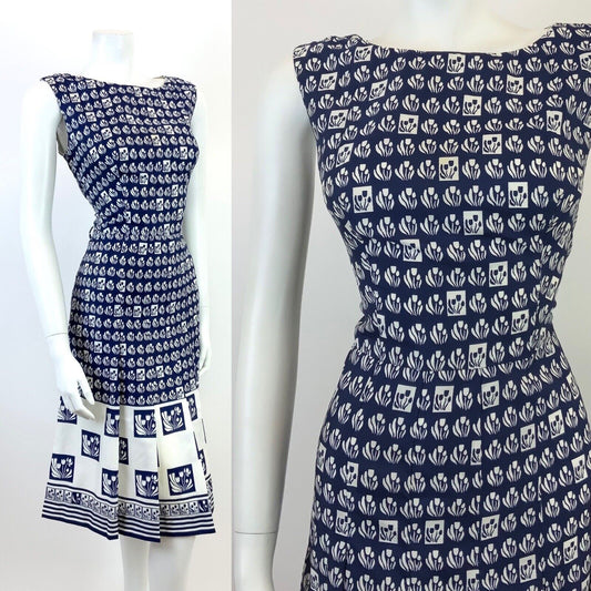 VINTAGE 60s 70s NAVY BLUE WHITE GEOMETRIC CHECKED FLORAL SLEEVELESS MOD DRESS 12